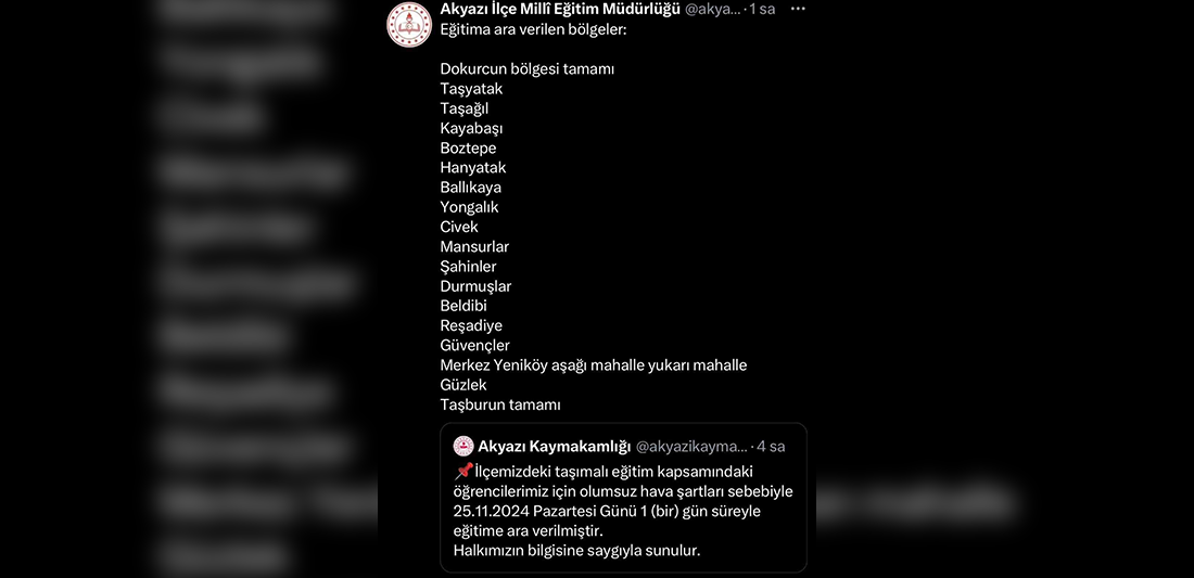 Sakarya’da bir ilçede taşımalı eğitime 1 gün ara verildi